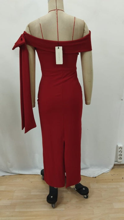 Rochie lungă din crep cu detaliu panglică și umeri goi pentru femei, 25986