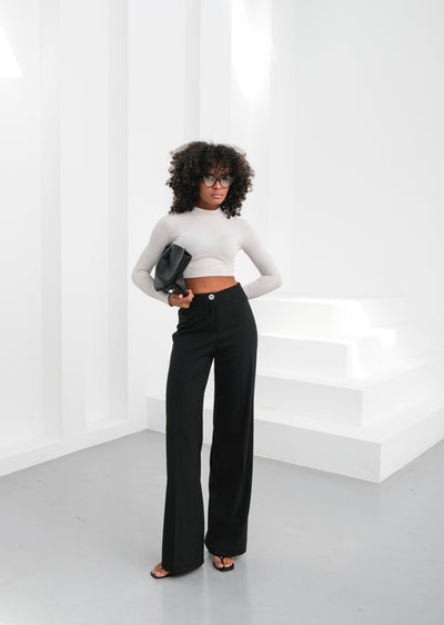 PANTALONI PALAZZO CU ELASTIC ÎN TALIE CU NASTURI METALICI - Negru