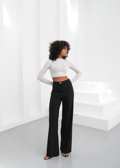 PANTALONI PALAZZO CU ELASTIC ÎN TALIE CU NASTURI METALICI - Negru