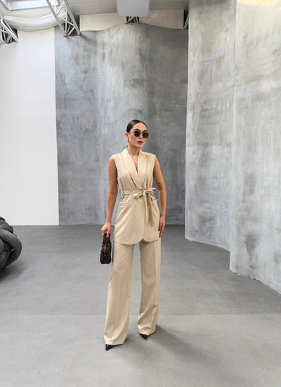 Set două piese, vestă și pantaloni CURA - Bej