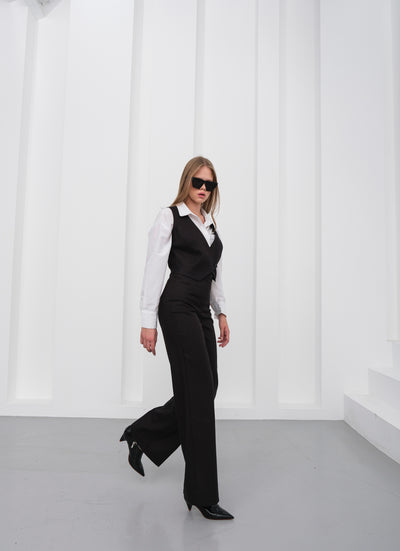 Set vestă și pantaloni din in toscan cu două nasturi și un singur nasture - Negru