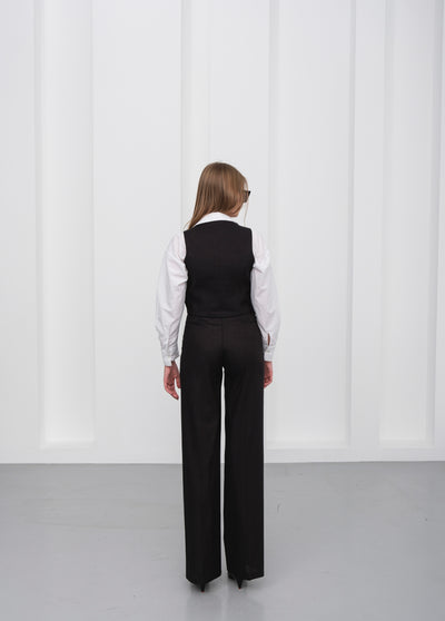 Set vestă și pantaloni din in toscan cu două nasturi și un singur nasture - Negru