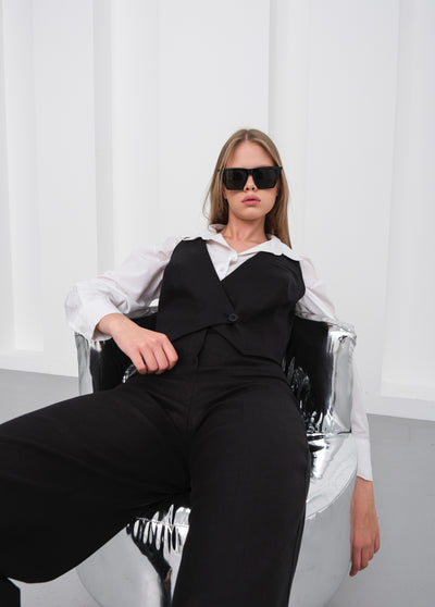 Set vestă și pantaloni din in toscan cu două nasturi și un singur nasture - Negru