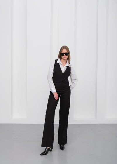 Set vestă și pantaloni din in toscan cu două nasturi și un singur nasture - Negru