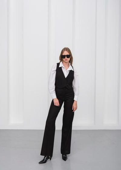 Set vestă și pantaloni din in toscan cu două nasturi și un singur nasture - Negru
