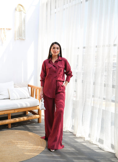 SET DOUĂ PIESE CĂMĂȘĂ ȘI PANTALONI DIN IN - Burgundiu