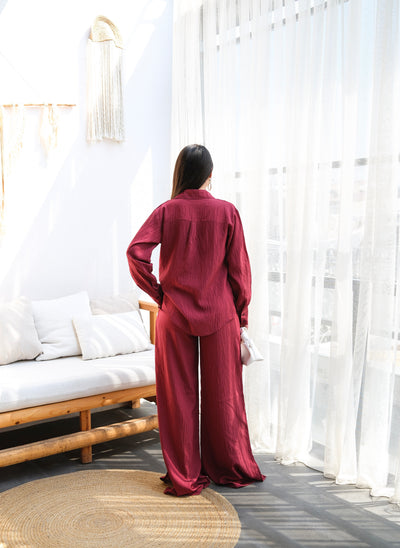 SET DOUĂ PIESE CĂMĂȘĂ ȘI PANTALONI DIN IN - Burgundiu
