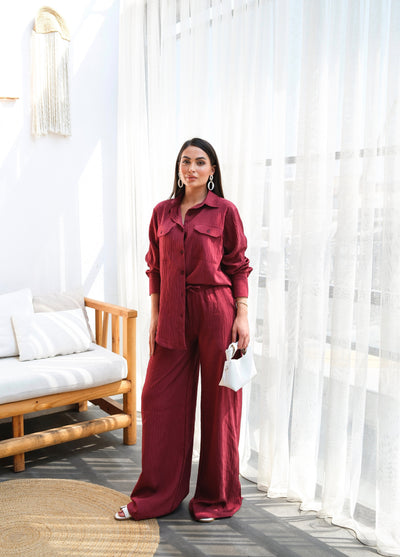 SET DOUĂ PIESE CĂMĂȘĂ ȘI PANTALONI DIN IN - Burgundiu