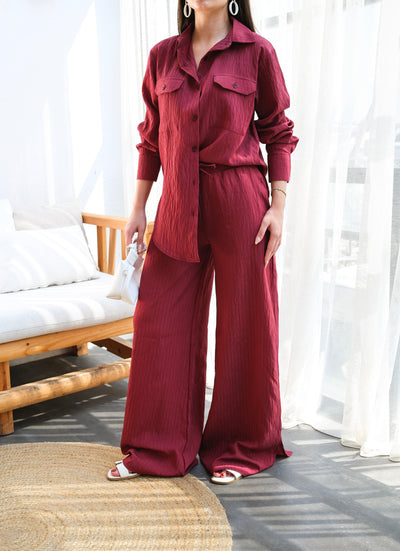 SET DOUĂ PIESE CĂMĂȘĂ ȘI PANTALONI DIN IN - Burgundiu