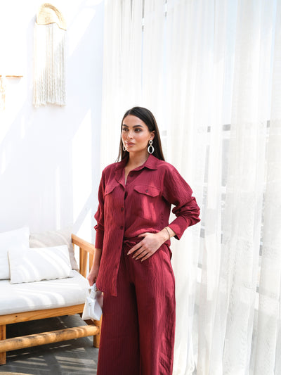 SET DOUĂ PIESE CĂMĂȘĂ ȘI PANTALONI DIN IN - Burgundiu