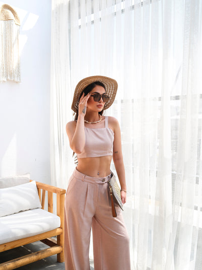 Set două piese din in, top scurt și pantaloni - bej