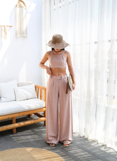 Set două piese din in, top scurt și pantaloni - bej