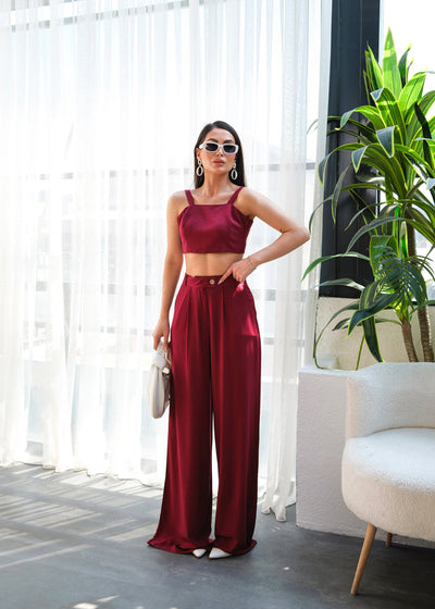SET DOUĂ PIESE CU PANTALONI ȘI ROCHIE DIN IN - Vișiniu