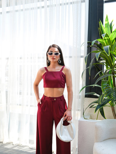 SET DOUĂ PIESE CU PANTALONI ȘI ROCHIE DIN IN - Vișiniu