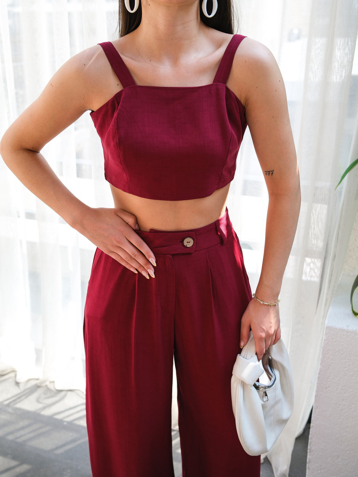 SET DOUĂ PIESE CU PANTALONI ȘI ROCHIE DIN IN - Vișiniu