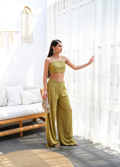 KETEN GİPELİ CROP VE PANTOLON İKİLİ TAKIM - Yağ Yeşili
