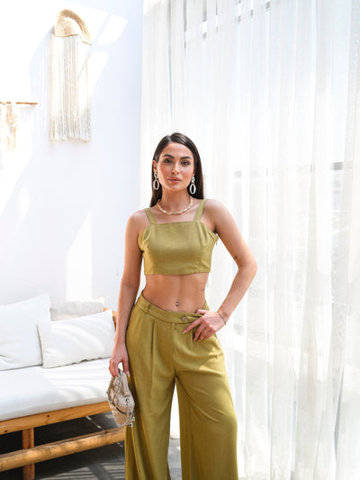 KETEN GİPELİ CROP VE PANTOLON İKİLİ TAKIM - Yağ Yeşili