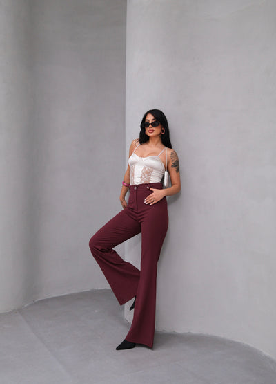 HIGH WAISTED SPANISH FLARE SLIM FIT TROUSERS - Burgundy