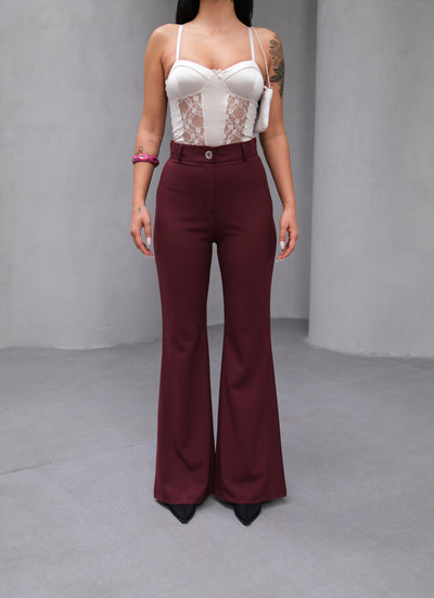 HIGH WAISTED SPANISH FLARE SLIM FIT TROUSERS - Burgundy