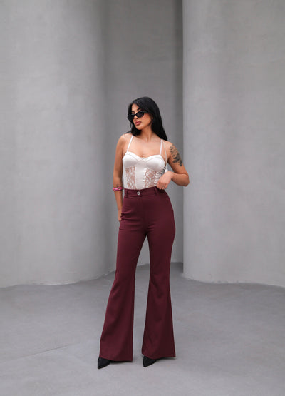 HIGH WAISTED SPANISH FLARE SLIM FIT TROUSERS - Burgundy