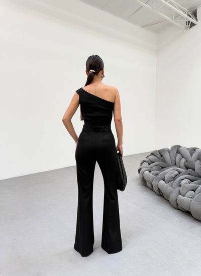 PANTALONI SLIM FIT CU TALIE ÎNALTĂ, EVAZĂ, DIN SPANIOLĂ - Negru
