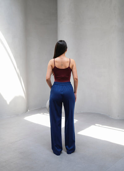 Pantaloni cu croi larg, elastic în spate, plisați, drapați - Indigo