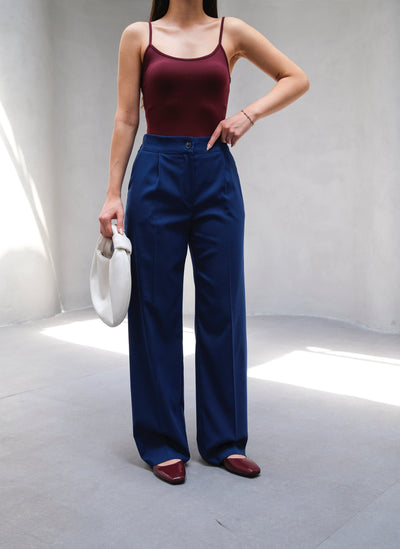 Pantaloni cu croi larg, elastic în spate, plisați, drapați - Indigo