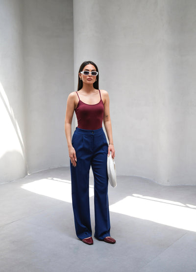 Pantaloni cu croi larg, elastic în spate, plisați, drapați - Indigo