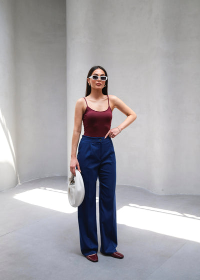 Pantaloni cu croi larg, elastic în spate, plisați, drapați - Indigo
