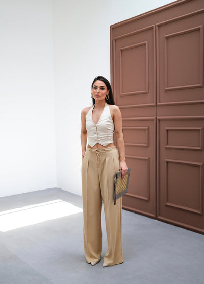 Pantaloni cu talie elastică și șnur de strângere - Bej