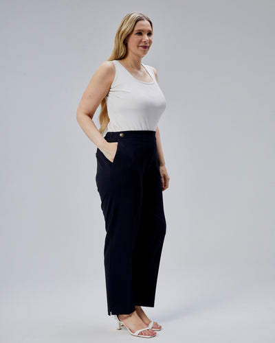 PANTALONI PLUS SIZE CU NASTURI DECORATIV ȘI BANDĂ ELASTICĂ ÎN TALIE LA SPATE - Bleumarin