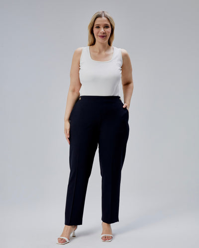 PANTALONI PLUS SIZE CU NASTURI DECORATIV ȘI BANDĂ ELASTICĂ ÎN TALIE LA SPATE - Bleumarin