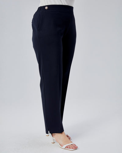 PANTALONI PLUS SIZE CU NASTURI DECORATIV ȘI BANDĂ ELASTICĂ ÎN TALIE LA SPATE - Bleumarin