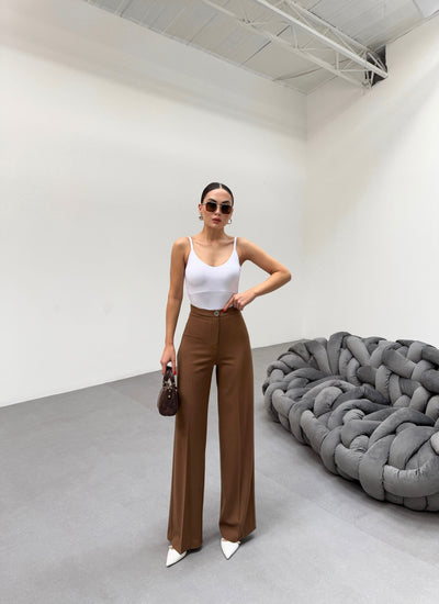 PANTALONI PALAZZO CU TALIE ÎNALTĂ, CROIALĂ DREPTĂ - Bej