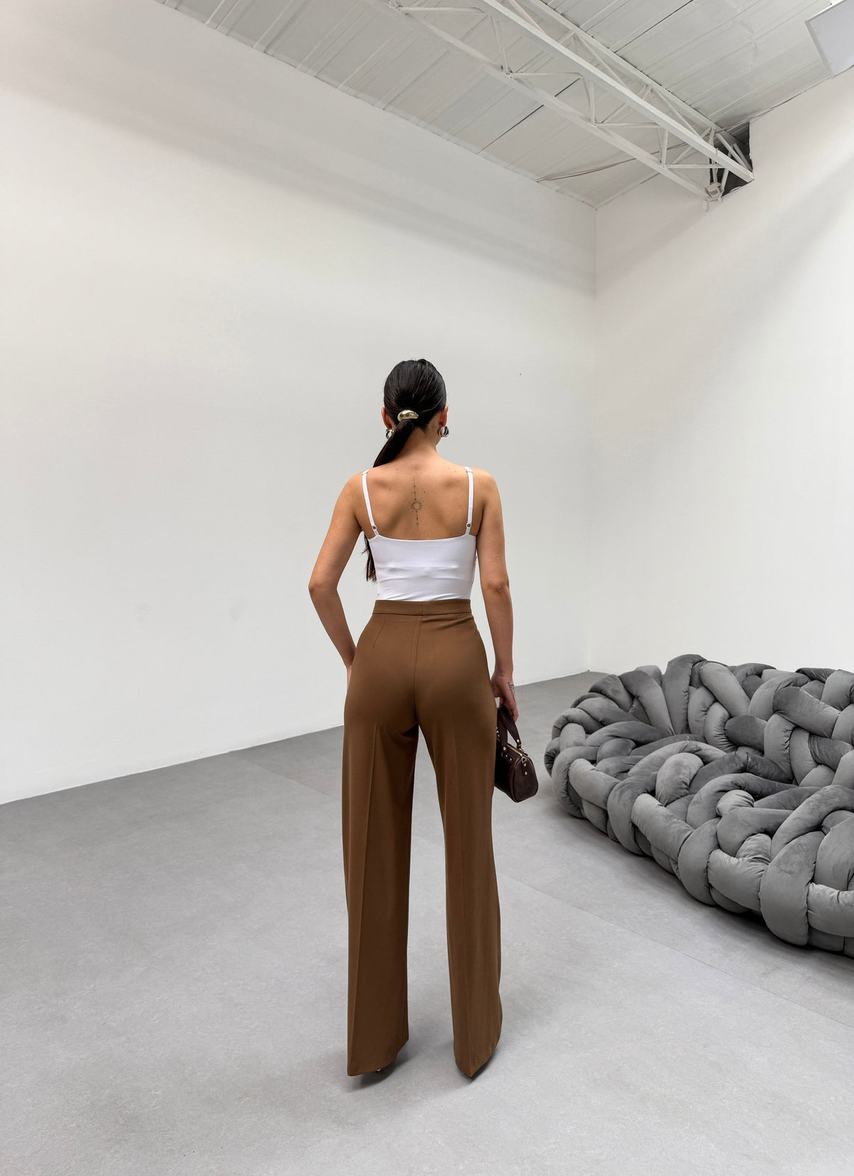 PANTALONI PALAZZO CU TALIE ÎNALTĂ, CROIALĂ DREPTĂ - Bej