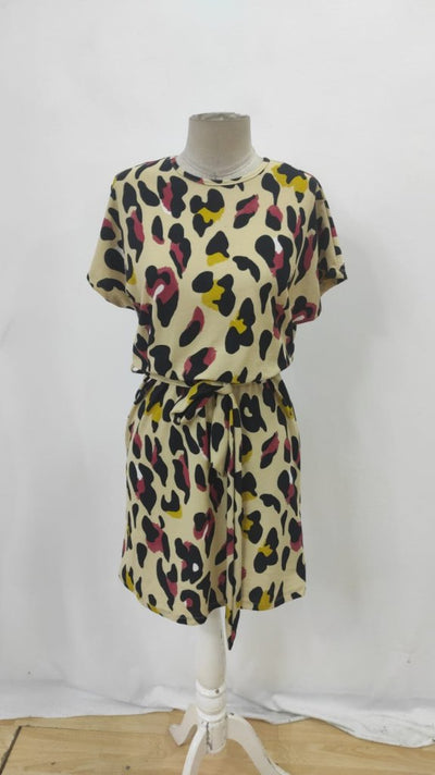 Women's Short Sleeve Round Neck Belted Geometric Pattern Suprem Dress, 26024