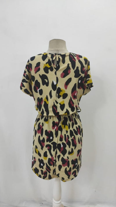 Women's Short Sleeve Round Neck Belted Geometric Pattern Suprem Dress, 26024