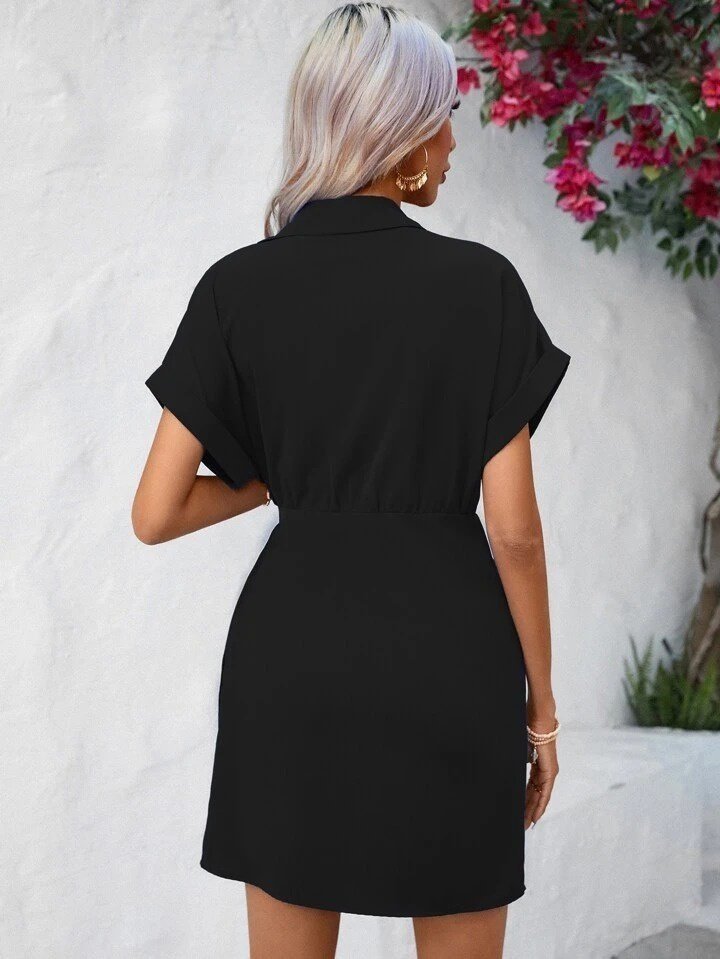 Rochie de damă cu mânecă scurtă, guler și legături laterale, țesută, 27052