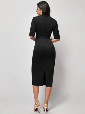 Rochie midi din modal pentru femei, cu mânecă scurtă, guler, înfășurată și cu curea, 26054
