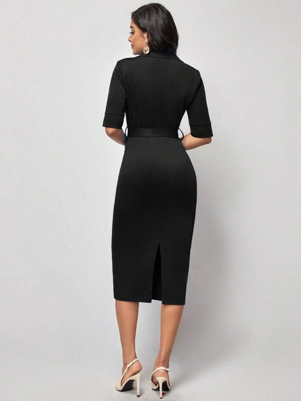 Rochie midi din modal pentru femei, cu mânecă scurtă, guler, înfășurată și cu curea, 26054