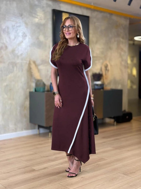 Rochie de damă din viscoză cu două fire, cu mânecă scurtă, guler rotund, dungi duble, detalii colorate, croială asimetrică, 26097