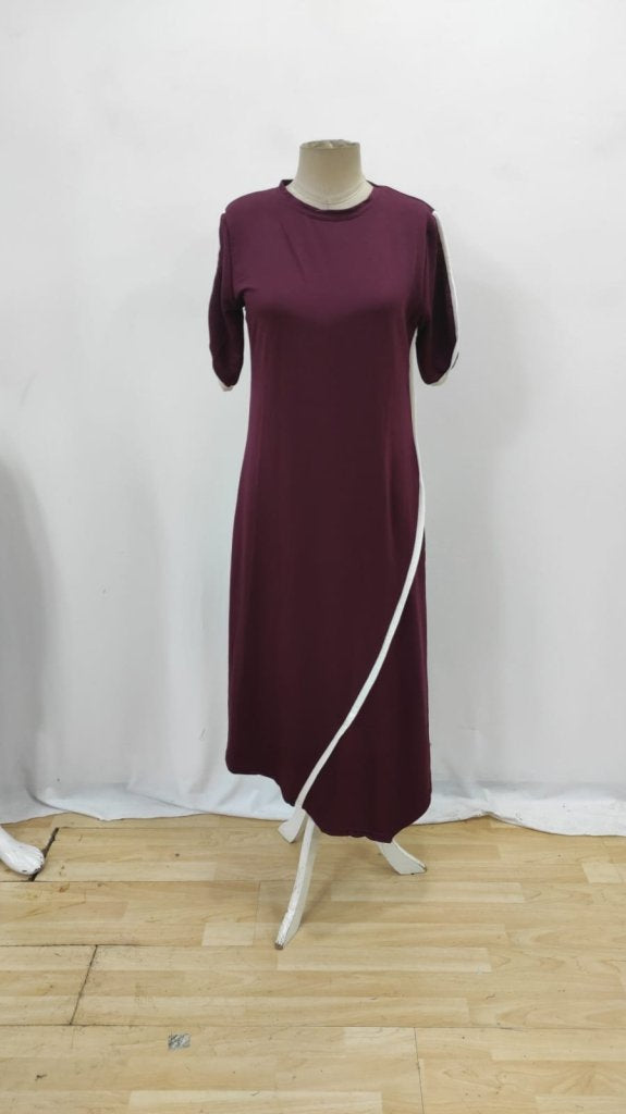 Rochie de damă din viscoză cu două fire, cu mânecă scurtă, guler rotund, dungi duble, detalii colorate, croială asimetrică, 26097