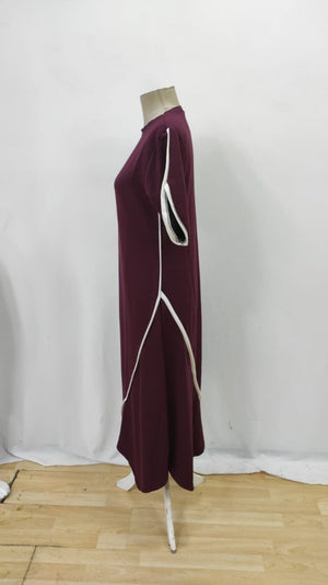 Rochie de damă din viscoză cu două fire, cu mânecă scurtă, guler rotund, dungi duble, detalii colorate, croială asimetrică, 26097