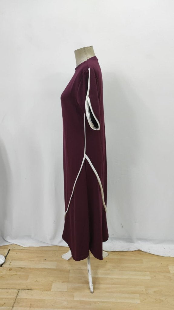 Rochie de damă din viscoză cu două fire, cu mânecă scurtă, guler rotund, dungi duble, detalii colorate, croială asimetrică, 26097