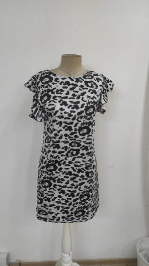 Rochie mini micro fără mâneci, cu mâneci scurte, cu volane, cu legături la spate, cu imprimeu leopard, 26133