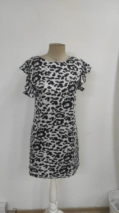 Rochie mini micro fără mâneci, cu mâneci scurte, cu volane, cu legături la spate, cu imprimeu leopard, 26133