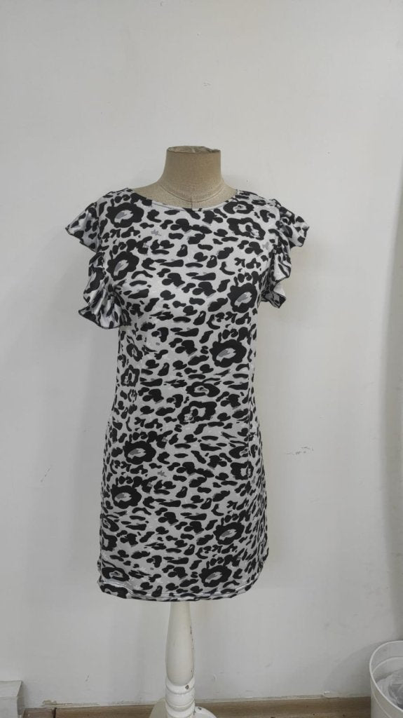 Rochie mini micro fără mâneci, cu mâneci scurte, cu volane, cu legături la spate, cu imprimeu leopard, 26133