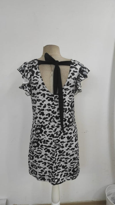 Rochie mini micro fără mâneci, cu mâneci scurte, cu volane, cu legături la spate, cu imprimeu leopard, 26133