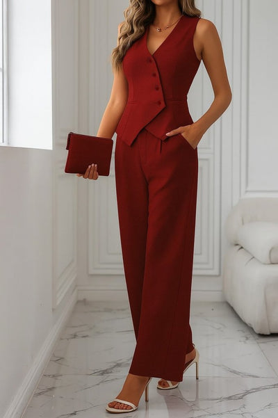 Women's Sleeveless Crossover V-Neck Button-Front Satin Vest and Pants Two-Piece Set, 34110