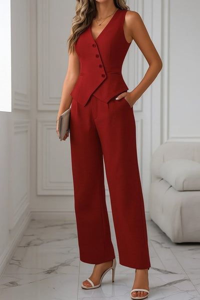 Women's Sleeveless Crossover V-Neck Button-Front Satin Vest and Pants Two-Piece Set, 34110